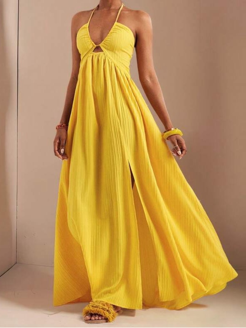SHEIN Bright Yellow Halter Maxi Dress with Side Slits